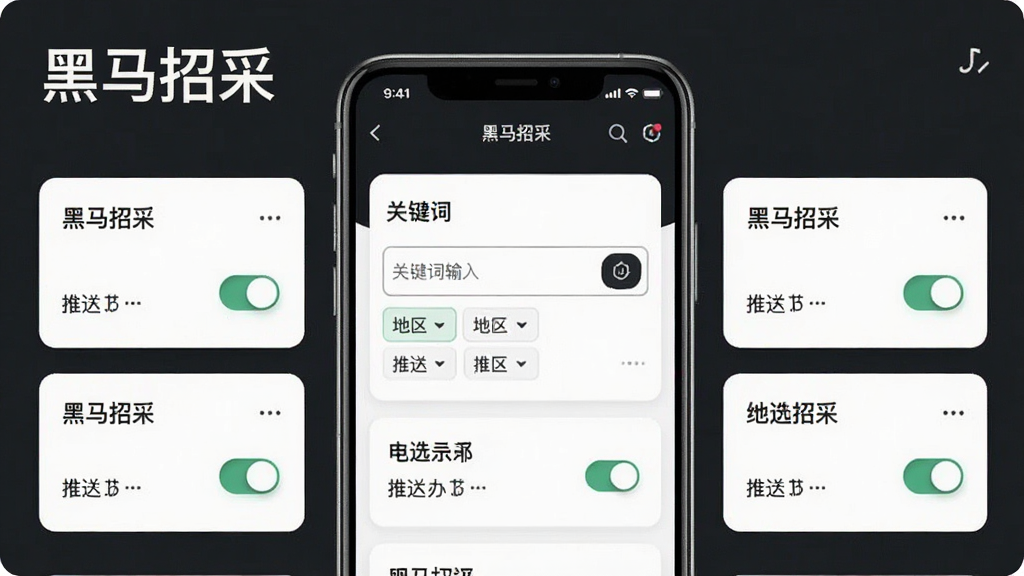 一张展示黑马招采订阅设置界面的图片,画面中央是手机屏幕中呈现的关键词输入框与地区选择标签,周围有“黑马招采”软件名称文字,布局采用卡片式分组排列,风格简洁明快,细节上突出开关按钮与推送图标,画质清晰,画面干净,无多余元素