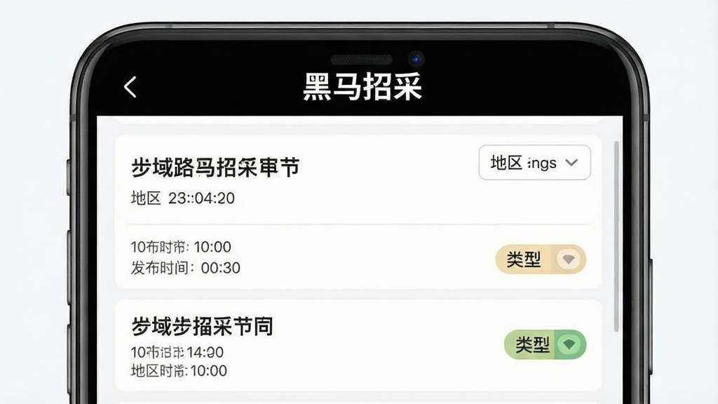 一张展示黑马招采标讯列表页面的图片,画面主体是手机屏幕中滚动展示的招标公告条目,每条信息包含标题、地区、发布时间和类型标签,界面顶部有“黑马招采”文字标识,布局采用上下滑动列表形式,风格为现代扁平化设计,细节上体现时间戳与地区筛选按钮,画质清晰,画面干净,无多余元素