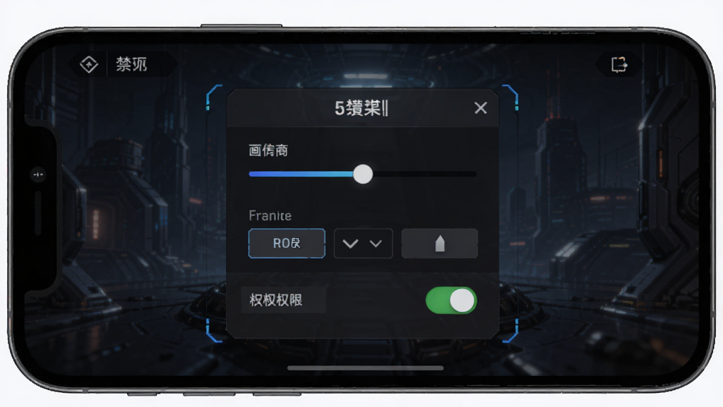 头号禁区新手设置界面预览图,主体为手机屏幕显示游戏设置菜单,布局为居中展示设置面板,风格为暗色科技风UI,细节包括画质选项滑块、帧率选择按钮、权限开关图标,画质清晰,干净无多余元素,画面中不出现文字