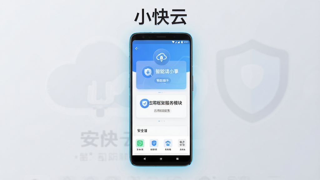 整体画面以“小快云”软件为核心,主体为一部安卓手机悬浮在画面中央,手机屏幕展示小快云应用主界面,界面中有智能语音助手图标、安全管理盾牌图标和应用框架服务模块,布局采用中心对称构图,上方为软件名称“小快云”文字,下方为简洁的功能图标排列,风格为现代科技感与清新简约相结合,细节上手机边缘有淡蓝色光晕,背景为柔和的浅灰渐变,画质高清,干净整洁,无多余元素