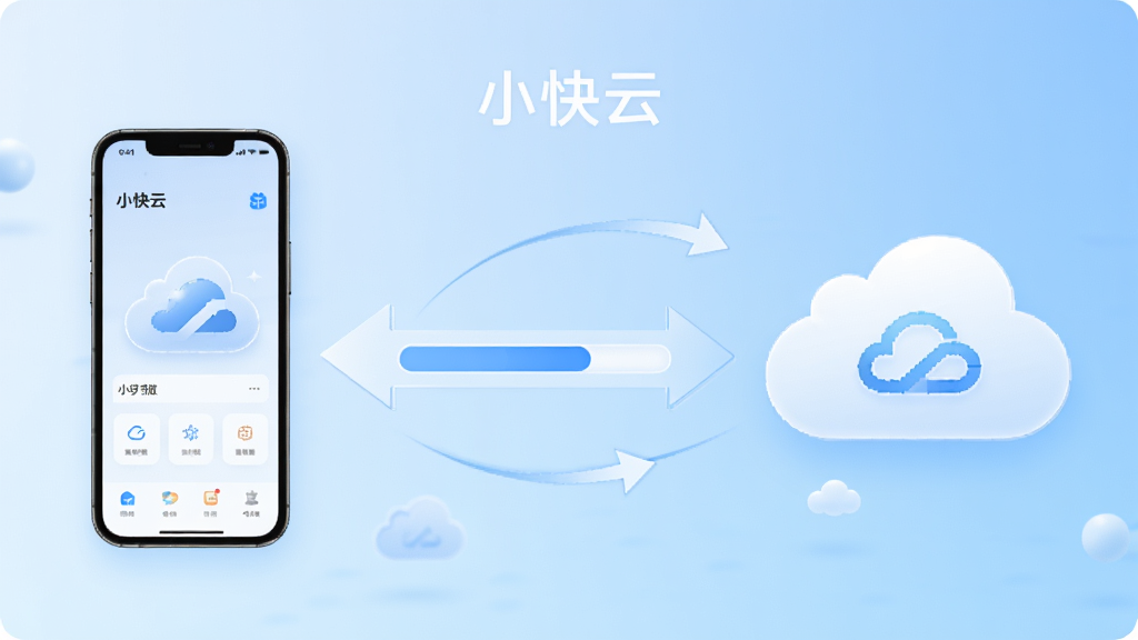 画面主体为“小快云”云端同步界面,布局采用手机与云朵图标之间的双向箭头连接,左侧为手机,右侧为云朵,中间为同步进度条,风格为清新科技风,细节上云朵为白色,箭头为淡蓝色,背景为浅蓝渐变,画质高清,干净整洁,无多余元素