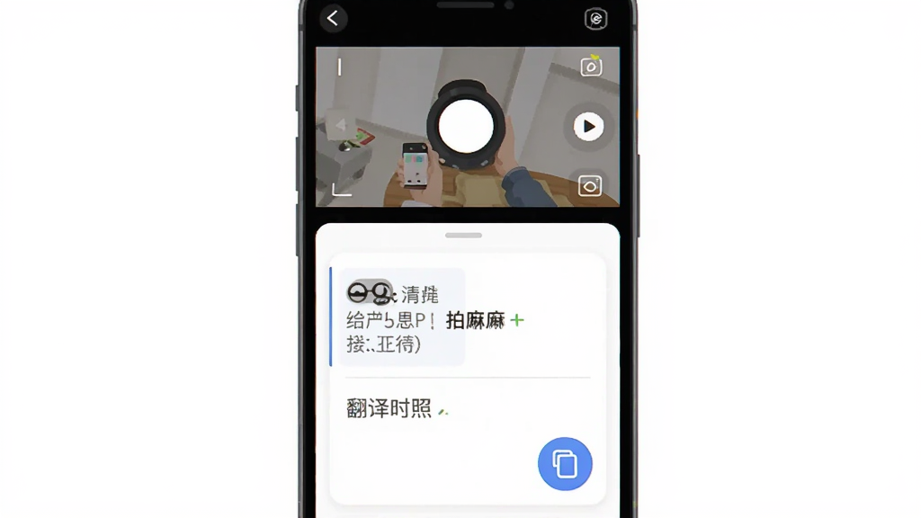 主体是拍了嘛软件界面截图风格插画,布局为上方摄像头取景框下方识别结果卡片,排版竖版手机屏幕比例,风格为清爽扁平化UI设计,细节包括文字识别框、翻译对照区域、复制按钮图标,画质清晰、干净、无多余元素