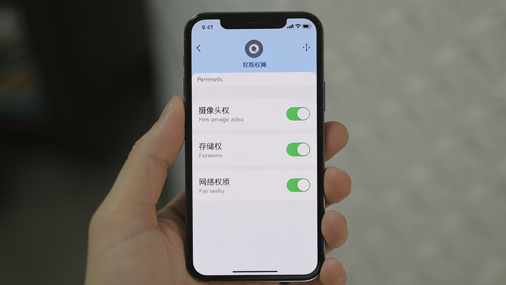 主体是手机屏幕显示拍了嘛软件权限设置界面,布局为居中展示权限开关列表,排版为竖版手机截图风格,风格为简洁明快的UI设计,细节包括摄像头权限、存储权限、网络权限的开关状态,画质清晰、干净、无多余元素