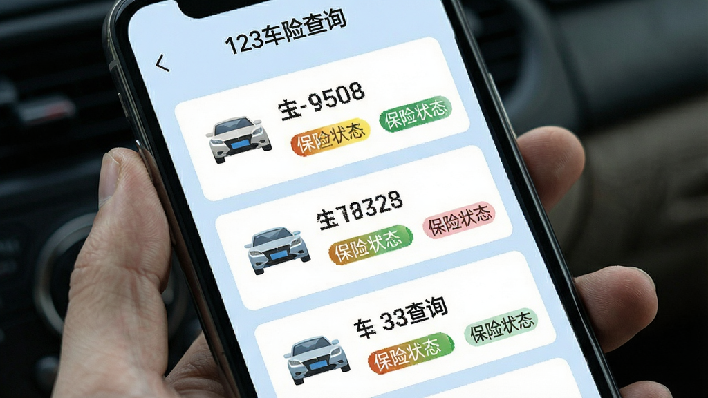 一张展示“123车险查询”多车辆管理界面的图片,画面为手机屏幕,屏幕中显示多张车辆信息卡片纵向排列,每张卡片包含车辆图标、车牌号和保险状态标签,布局清晰,风格简洁明快,背景为淡蓝色,画质清晰,无多余装饰元素