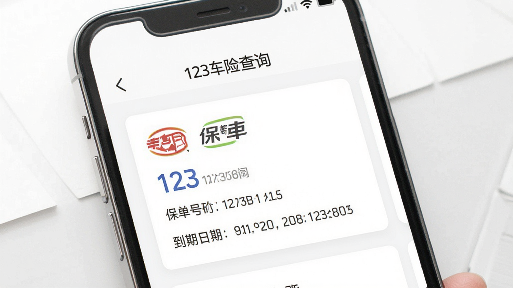 一张展示“123车险查询”应用查询结果页面的图片,画面主体为手机屏幕,屏幕中显示车辆保单信息卡片,包含保险公司标志、保单号码和到期日期,布局整齐,风格简约现代,背景为白色和浅灰色搭配,画质高清,干净整洁