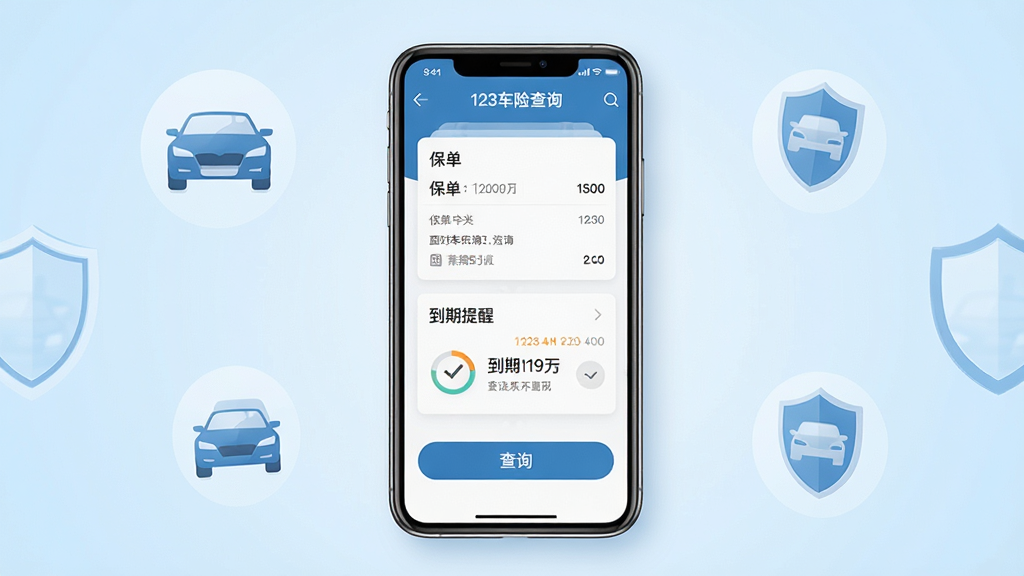一张手机屏幕展示车辆保险查询界面的图片,画面中央是一部智能手机,屏幕显示“123车险查询”应用主界面,界面包含保单信息卡片、到期提醒和查询按钮,背景为简洁的浅蓝色渐变,周围点缀汽车和盾牌图标,整体风格清新商务,画质清晰,干净无多余元素
