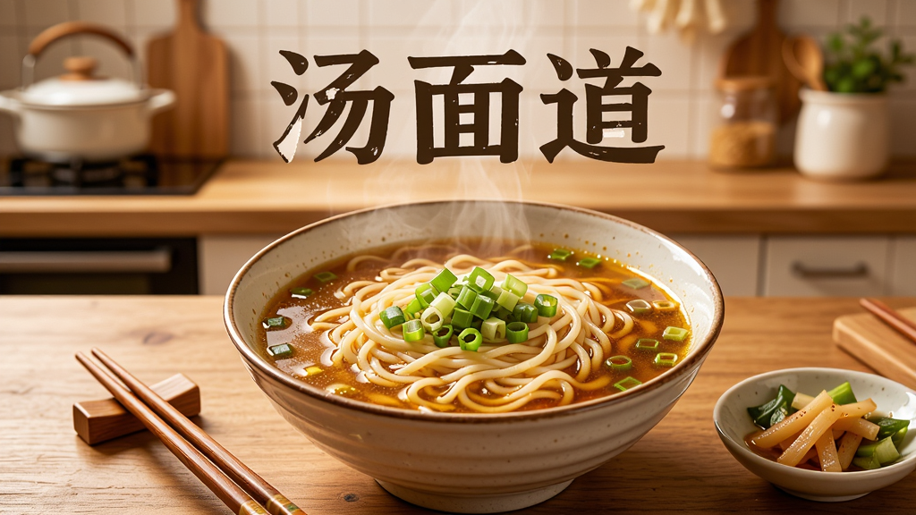 一碗热气腾腾的中式汤面放置在木质桌面上,旁边摆放着筷子和小碟配菜,背景是温馨的家庭厨房环境,画面中央上方有醒目的文字“汤面道”,整体布局简洁,排版居中,风格写实温馨,细节包括面条纹理、汤汁油光、葱花点缀,画质高清,干净,无多余元素