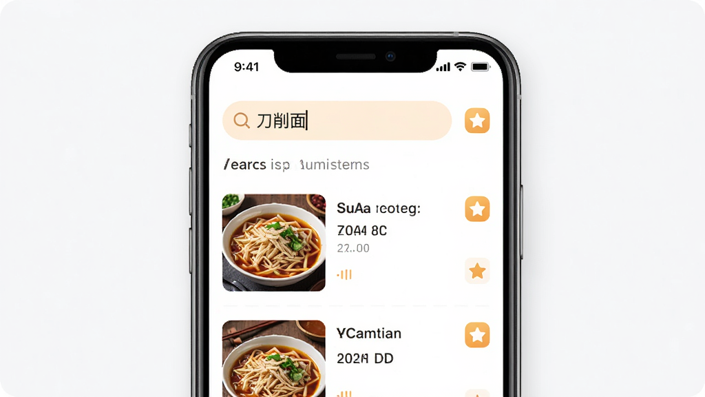 手机界面展示汤面道应用的搜索与收藏功能,搜索框中输入“刀削面”关键词,下方显示相关菜谱列表,右侧有收藏星标图标,布局居中,风格清爽现代,细节包括搜索高亮、列表缩略图、收藏标记,画质高清,干净,无多余元素