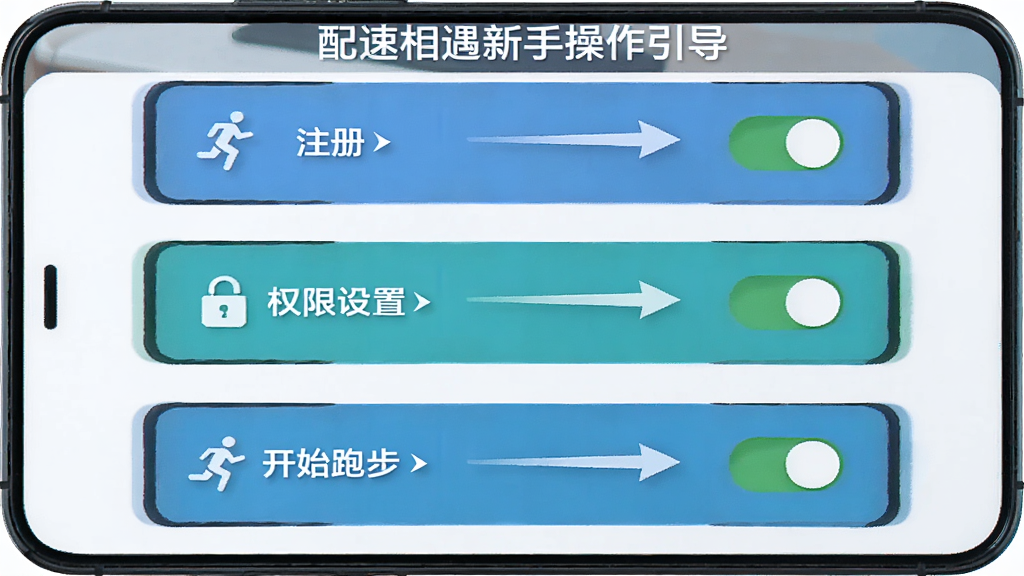 主体为配速相遇新手操作引导界面,布局采用分步图示构图,排版上从上到下依次展示注册、权限设置、开始跑步三个步骤,风格为清新扁平化教学风,细节包含手机边框、箭头指引、权限开关图标,画质高清干净无多余元素