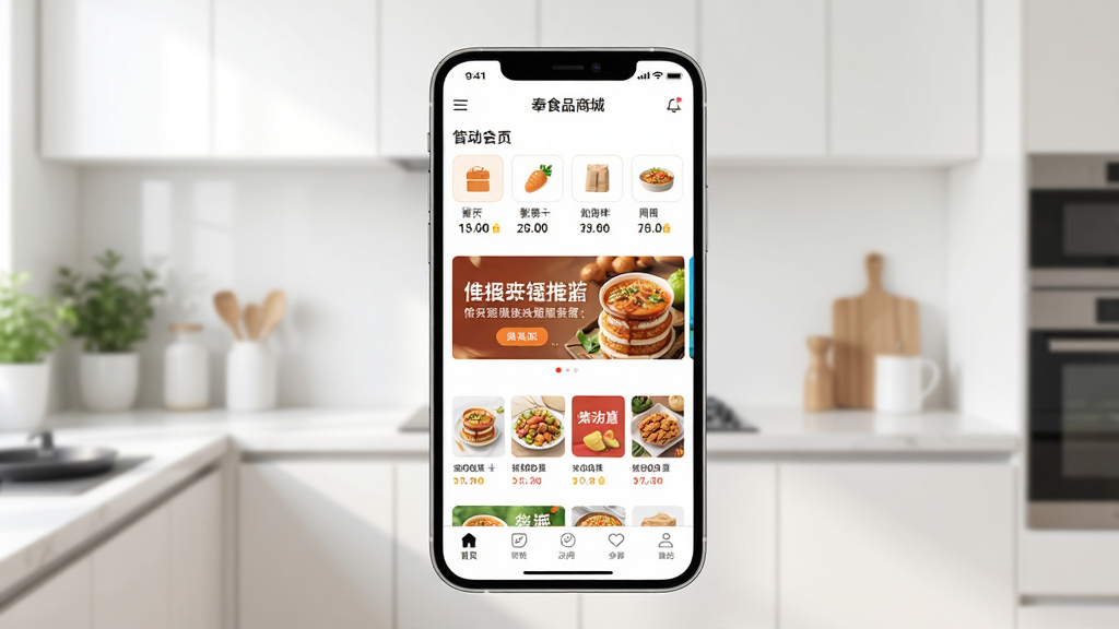 上奉食品商城应用主界面全景展示,画面中央为手机屏幕,屏幕内呈现食品商城首页,包含商品分类图标、促销横幅与底部导航栏,背景为干净明亮的厨房场景,风格清新现代,细节清晰,画质高清,主体突出,布局居中,排版简洁,画面干净无多余元素