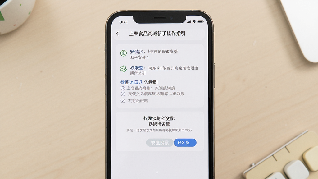 上奉食品商城新手操作指引界面,手机屏幕中显示安装步骤与权限设置提示,背景为简洁的浅色桌面,风格清晰易懂,细节明确,画质高清,主体为手机屏幕,布局居中,排版直观,画面干净无多余元素