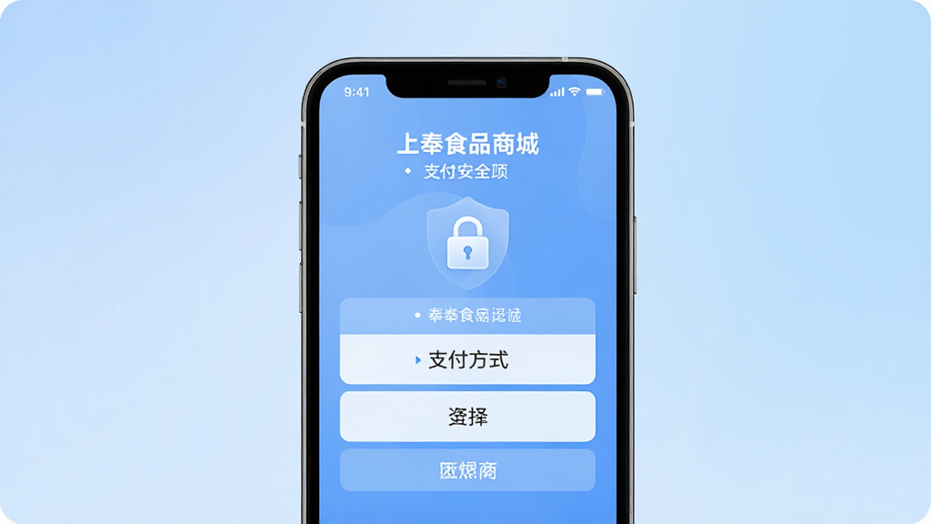 上奉食品商城支付安全页面,手机屏幕内显示支付方式选择与安全锁图标,背景为柔和渐变蓝色,风格安全可靠,细节清晰,画质高清,主体为手机屏幕,布局居中,排版简洁,画面干净无多余元素