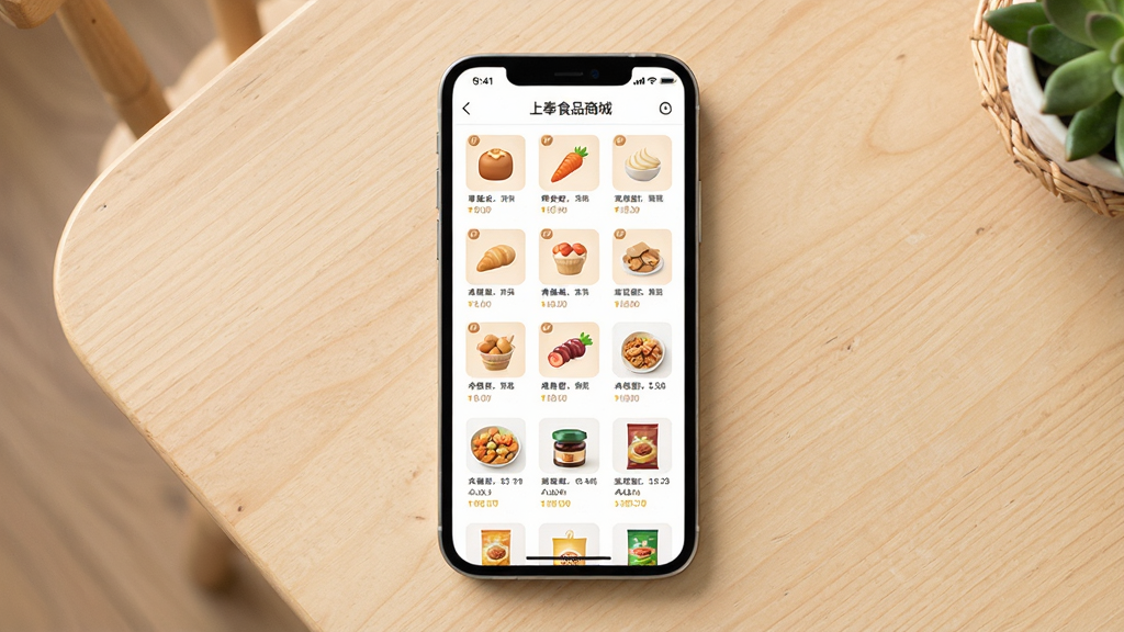 上奉食品商城商品分类页面展示,手机屏幕中显示整齐排列的食品分类图标与商品缩略图,背景为浅色木质桌面,风格温馨自然,细节丰富,画质清晰,主体为手机界面,布局居中,排版规整,画面干净无多余元素