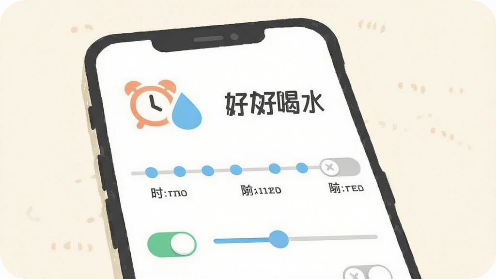 好好喝水应用内智能提醒设置页面截图风格插画,画面展示一个手机界面,上面有闹钟图标与水滴图标组合,时间轴上分布着多个提醒节点,旁边有“好好喝水”文字标识,背景为柔和米白色,布局简洁,风格扁平化,细节包含开关按钮与滑动调节条,画质干净,无多余元素