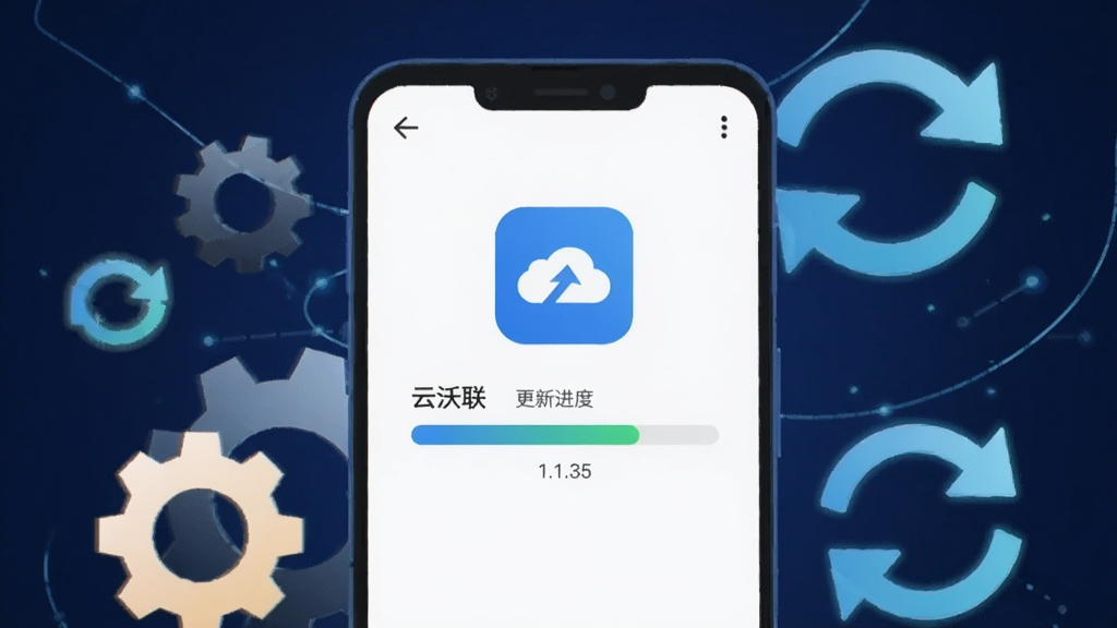 画面展示一部安卓手机正在进行应用更新,屏幕上显示“云沃联”更新进度条与版本号“1.1.35”,手机周围环绕着齿轮与刷新箭头等抽象维护符号。背景为深蓝色科技感渐变,风格为扁平插画,画质干净,无杂乱元素。