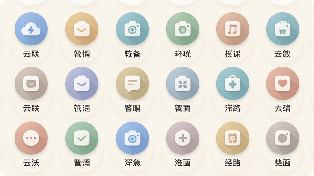 画面主体为“云沃联”应用的功能图标展示墙,多个圆形图标整齐排列,分别代表不同生活服务模块,图标下方配有简短中文标签。布局采用浅色背景,图标色彩柔和统一。风格为扁平化UI设计展示,细节精致,画质清晰,画面干净整洁,无多余装饰元素。