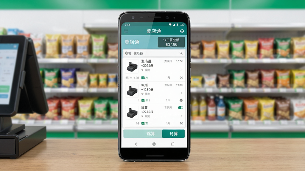 壹店通便利店管理软件主界面展示,主体为一部安卓手机屏幕,屏幕上显示壹店通APP的收银台界面,包含商品列表、结算按钮、今日营业额数字,手机放置在木质收银台上,背景是整洁的便利店货架,布局为手机居中、背景虚化,排版简洁清晰,风格为现代商务写实风格,细节包括手机边框反光、屏幕内文字清晰可辨、货架商品整齐排列,画质为高清4K、干净、无多余元素