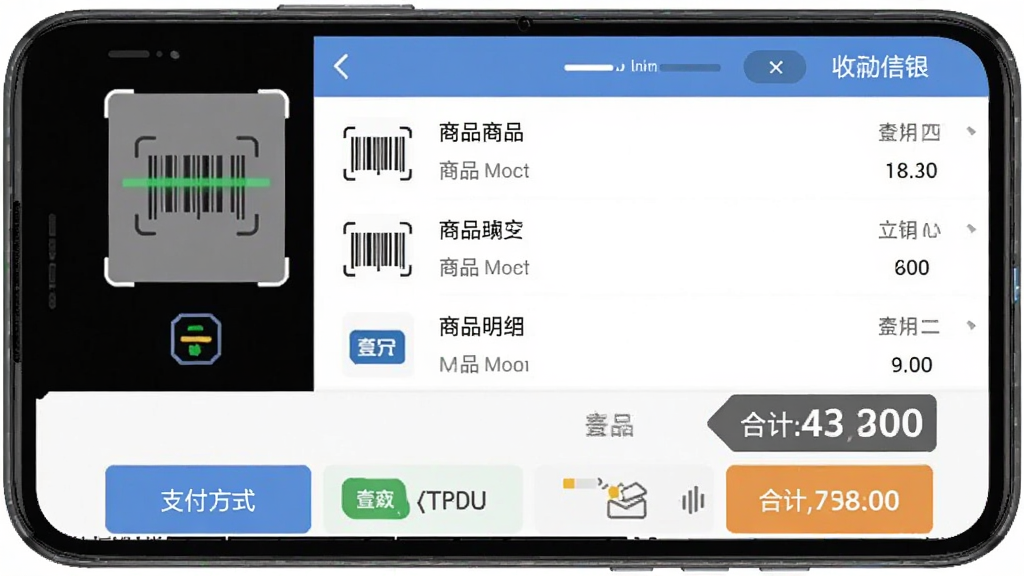 壹店通移动收银功能界面截图,主体为安卓手机屏幕显示收银结算页面,布局为上方商品扫描区、中部商品明细列表、底部支付方式按钮,排版整齐,风格为扁平化商业软件UI风格,细节包括商品条码图标、支付方式图标、合计金额大字显示,画质高清、干净、无多余元素