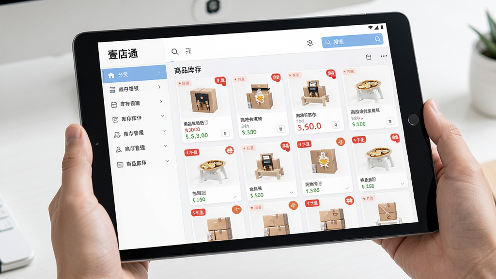 壹店通商品库存管理界面,主体为安卓平板屏幕显示商品列表和库存数字,布局为左侧分类导航、右侧商品卡片网格,排版清晰,风格为清新浅色商务风格,细节包括库存不足的红色角标、商品缩略图、搜索框,画质高清、干净、无多余元素
