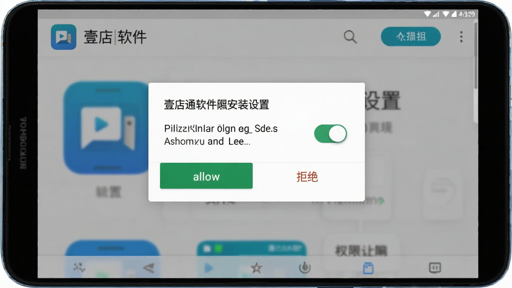 壹店通软件安装设置界面截图,主体为安卓手机屏幕显示权限授权弹窗,布局为屏幕中央弹窗、背景为APP首页,排版简洁,风格为真实手机截图风格,细节包括权限开关按钮、允许/拒绝按钮、应用图标,画质高清、干净、无多余元素