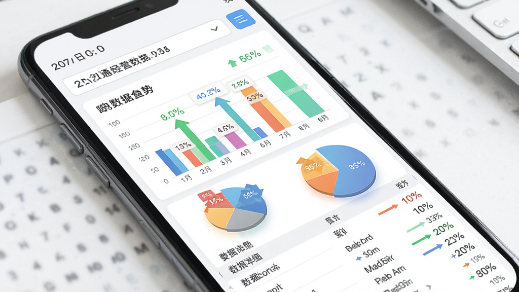壹店通经营数据报表界面,主体为手机屏幕显示柱状图和饼状图,布局为上方日期筛选、中部图表展示、下方数据明细列表,排版简洁,风格为现代数据可视化风格,细节包括彩色图表、百分比数字、趋势箭头,画质高清、干净、无多余元素