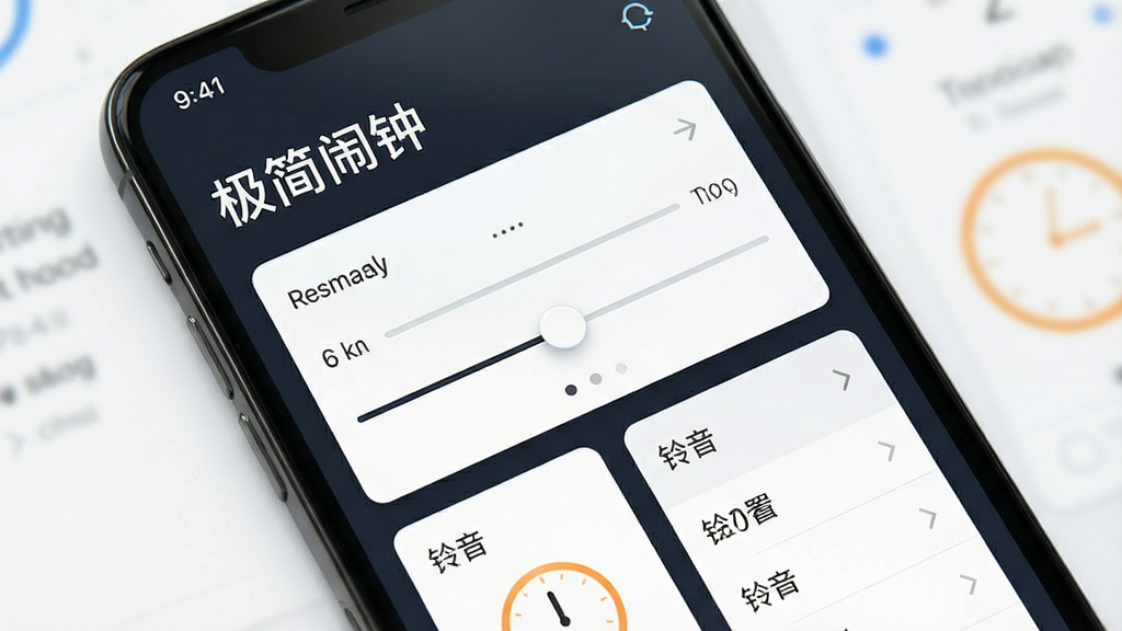 极简闹钟番茄钟功能设置界面图,画面主体为手机屏幕显示番茄钟参数设置页面,布局采用卡片式排列,风格为清爽商务风,细节包含时长滑块调节控件与铃声选择列表,画质高清,画面干净无多余元素,图中文字标注“极简闹钟”。