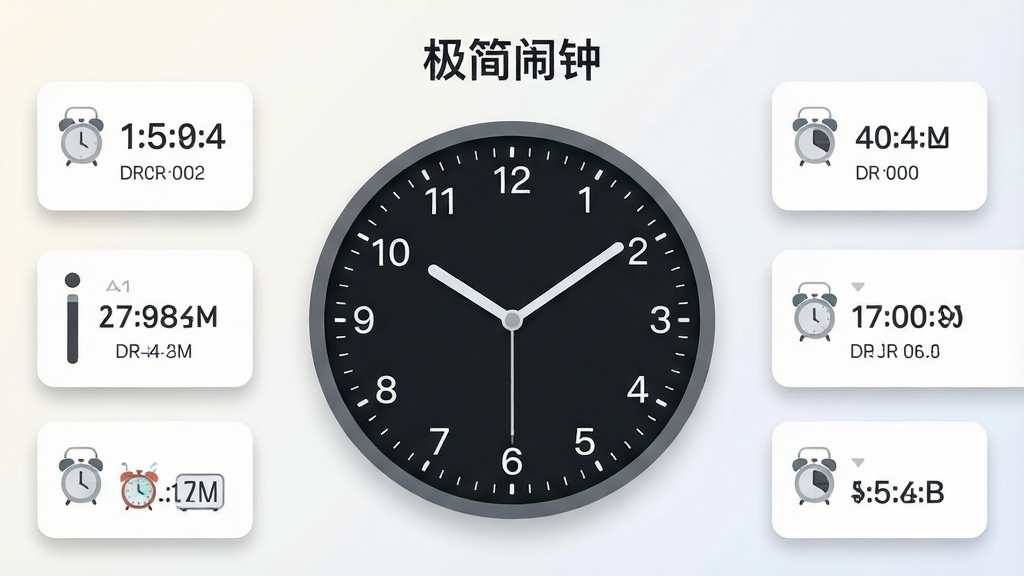 极简闹钟软件主界面预览图,画面中央展示一个简约风格的圆形时钟表盘,周围环绕着几个设置好的闹钟时间卡片,背景为干净的浅色渐变,布局采用中心对称排版,风格为现代扁平化设计,细节包含清晰的数字刻度与柔和阴影,画质为高清矢量渲染,画面干净无多余元素,图中文字标注“极简闹钟”。