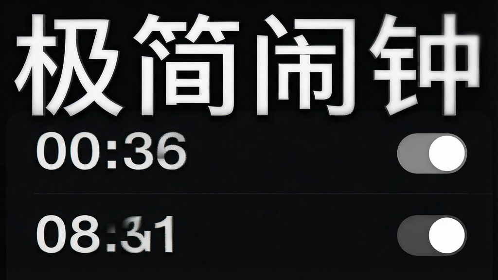 极简闹钟夜间模式界面展示图,画面主体为深色背景下的闹钟列表,排版采用纵向列表布局,风格为暗黑极简主义,细节包含醒目的白色时间数字与柔和的开关按钮,画质清晰锐利,画面干净无多余元素,图中文字标注“极简闹钟”。