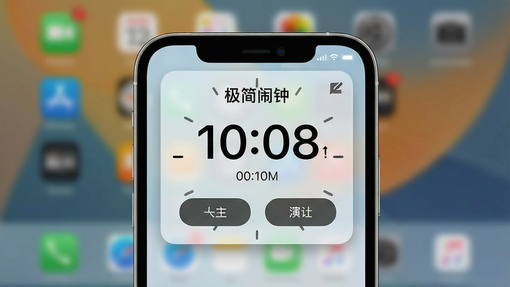 极简闹钟悬浮秒表功能演示图,画面主体为手机屏幕上方悬浮着一个半透明的秒表小窗口,背景为模糊的桌面壁纸,布局展示画中画效果,风格为实用工具展示,细节包含清晰的计时数字与操作按钮,画质高清,画面干净无多余元素,图中文字标注“极简闹钟”。