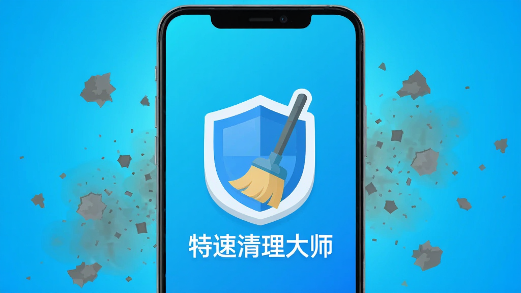 一部安卓手机屏幕中央显示一个蓝色盾牌与扫帚组合的清理图标,图标下方标注文字