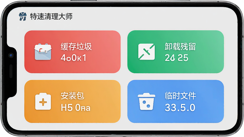 一部安卓手机界面展示四个彩色分类卡片,分别标注