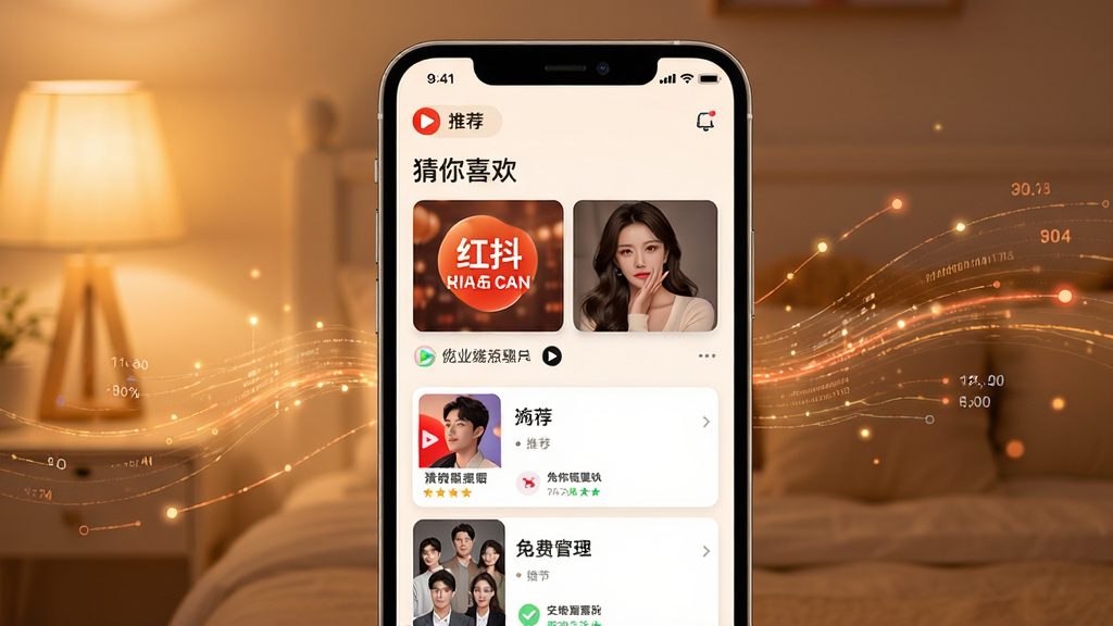 红抖免费短剧应用内的个性化推荐页面,手机屏幕显示推荐列表,配有“猜你喜欢”字样,画面风格温馨,有数据流线条点缀,背景简洁,画质干净,无多余元素