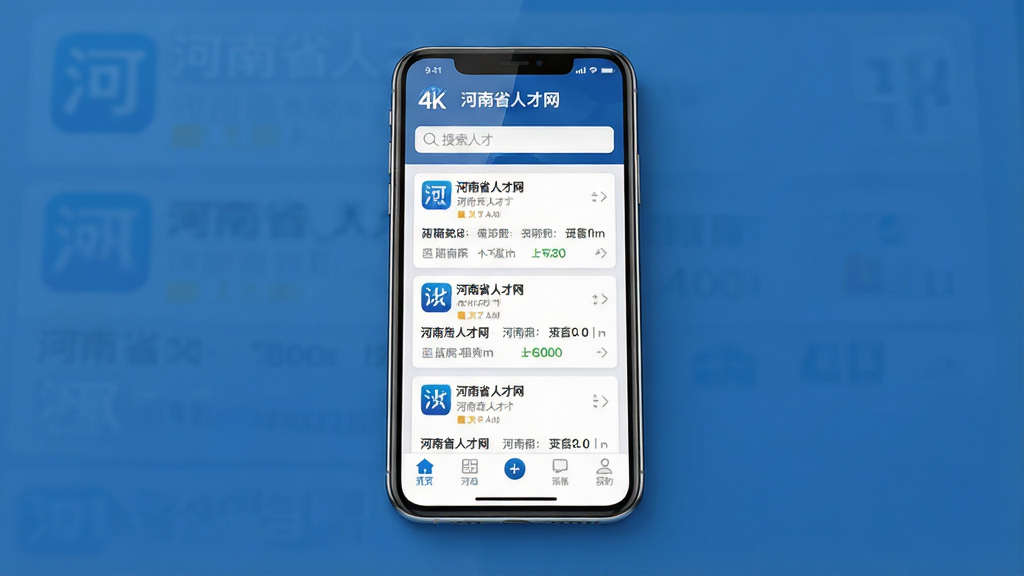 一张展示河南省人才网移动端应用界面的详细图片,主体为一部智能手机屏幕,屏幕上清晰显示河南省人才网的招聘信息列表界面,包含搜索框、职位卡片和底部导航栏;布局采用居中构图,手机放置在干净的纯色背景上;排版突出手机屏幕内容,周围无杂乱元素;风格为现代科技感UI设计展示图;细节包括手机边框的高光、屏幕反光效果、应用图标上的文字“河南省人才网”;画质为4K超高清,干净无多余元素。