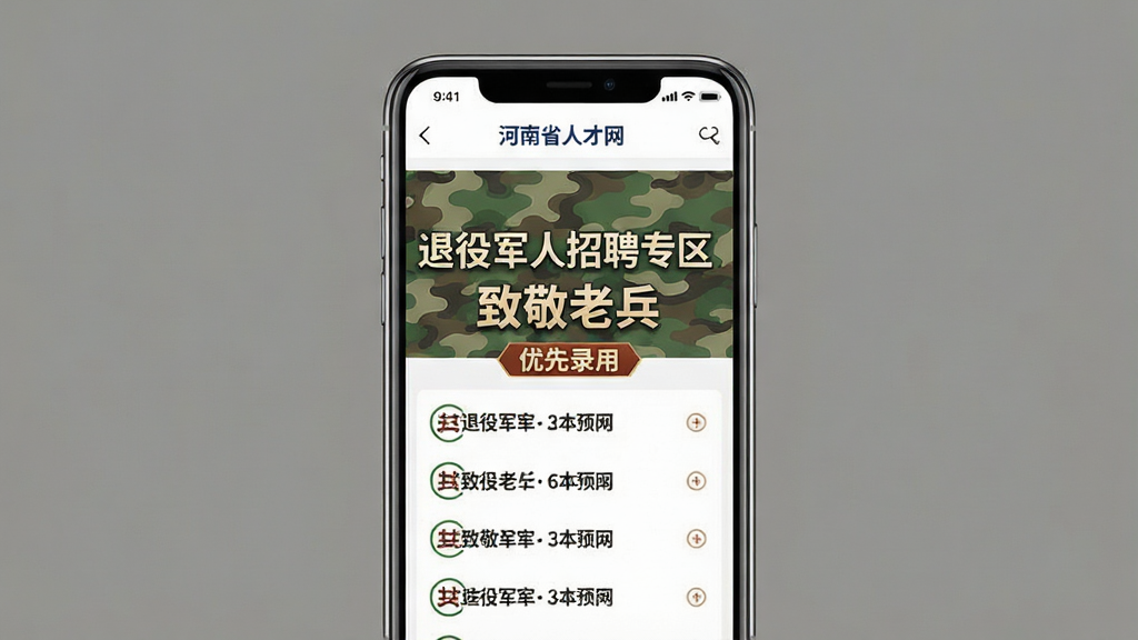 一张展示退役军人招聘专栏的图片,主体为手机屏幕特写,屏幕上显示“退役军人招聘专区”,有迷彩风格的横幅和职位列表;布局为手机居中,背景为纯色;排版简洁有力;风格为庄重且现代;细节包括屏幕上的文字“河南省人才网”“致敬老兵”“优先录用”;画质为高清,干净无多余元素。