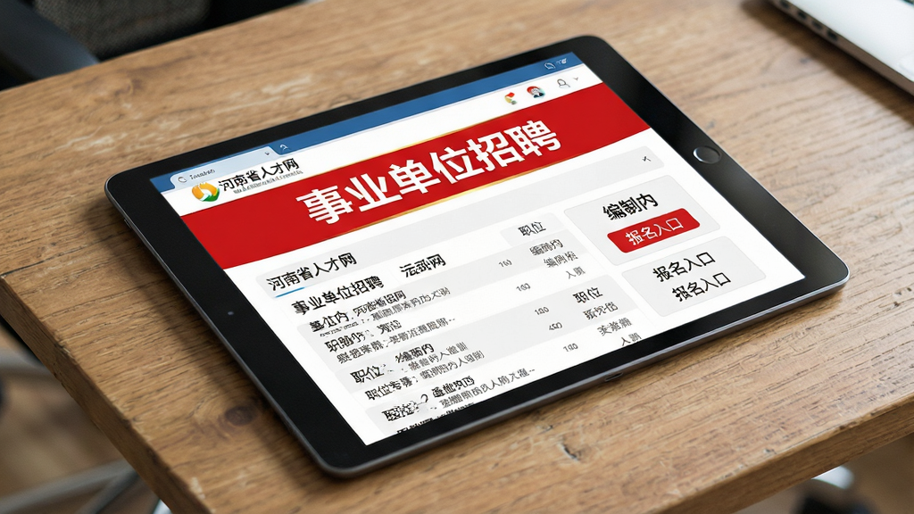 一张展示事业单位招聘专区页面的图片,主体为平板电脑屏幕,屏幕上显示“事业单位招聘”专题页面,有醒目的红色标题和职位列表;布局为平板斜放在木质桌面上;排版突出专题页面内容;风格为简约商务风;细节包括屏幕上的文字“河南省人才网”“编制内”“报名入口”;画质为高清,干净无多余元素。