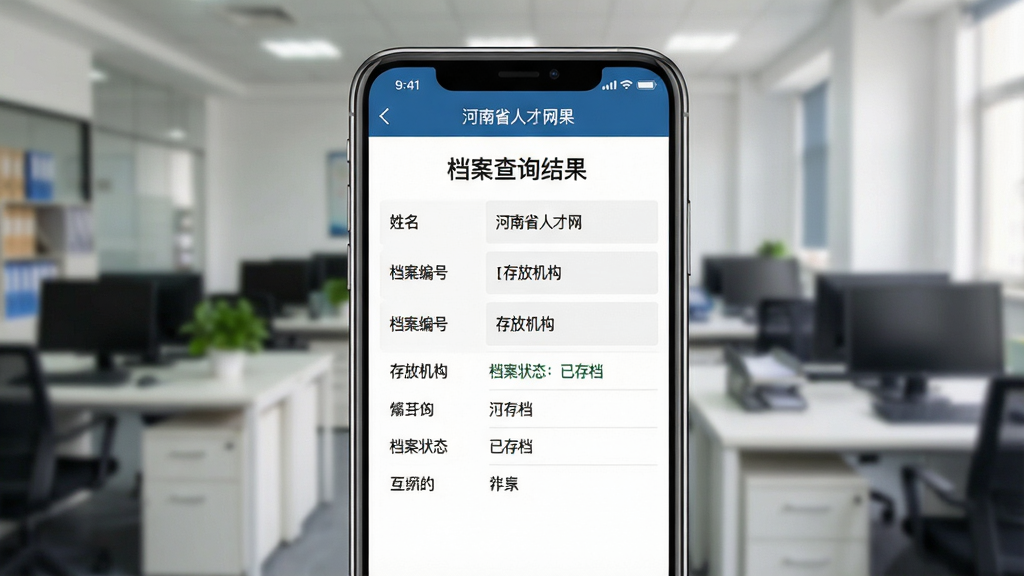 一张展示档案查询功能操作界面的图片,主体为手机屏幕特写,屏幕上显示“档案查询结果”页面,包含姓名、档案编号、存放机构等信息;布局为手机居中,背景为虚化的办公室环境;排版清晰展示查询结果;风格为商务办公风格;细节包括屏幕上的文字“河南省人才网”“档案状态:已存档”;画质为高清,干净无多余元素。