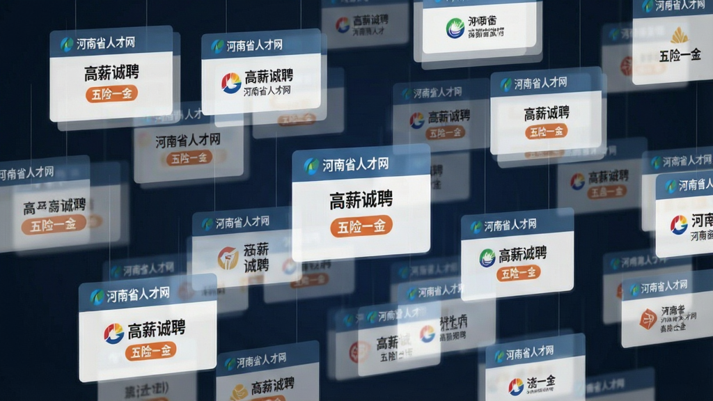 一张展示海量招聘信息瀑布流界面的图片,主体为悬浮在空中的多个半透明卡片,每个卡片上显示不同的职位名称和公司Logo,卡片排列成动态瀑布流;布局为横向铺开,有纵深感;排版错落有致;风格为扁平化科技风;细节包括卡片上的文字“河南省人才网”“高薪诚聘”“五险一金”等;画质为高清,干净无多余元素。