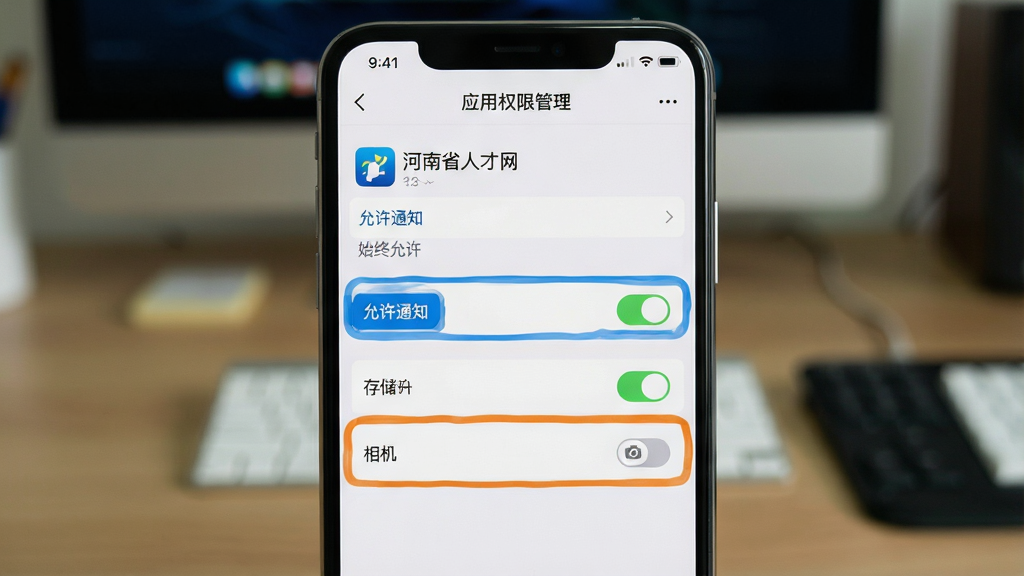 一张展示手机权限设置界面的图片,主体为手机屏幕特写,屏幕上显示“应用权限管理”页面,其中“通知”“存储”“相机”权限被高亮标注;布局为手机居中,背景为模糊的桌面;排版清晰展示设置步骤;风格为实用教程风格;细节包括屏幕上的文字“河南省人才网”“允许通知”“始终允许”;画质为高清,干净无多余元素。