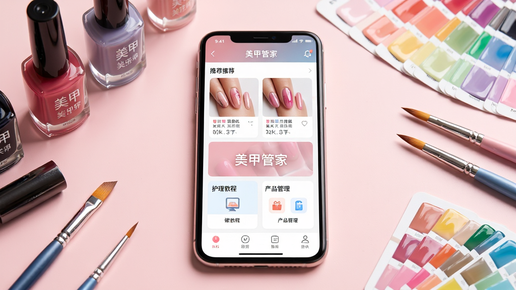 ���׹ܼ�Ӧ��������չʾ����������ڷ�һ�������ֻ�����Ļ��ʾ���׹ܼ�APP��ҳ���������׿�ʽ�Ƽ��������̳���ڡ���Ʒ����ģ�飬����Ϊǳ��ɫ���׹���̨��̨����ɢ�伸ƿָ���ͺͻ��ʣ�����Ϊ�ֻ����С���Χ�������׹�����ɫ�����Ű������������Ϊ����ʱ�е�дʵ��Ӱ�磬ϸ�ڰ����ֻ���Ļ�߹⡢ָ����ƿ�����⡢ɫ��ɫ�ʽ��䣬����Ϊ4K�����壬�ɾ��޶���Ԫ�أ����������ֱ�ע�����׹ܼҡ�