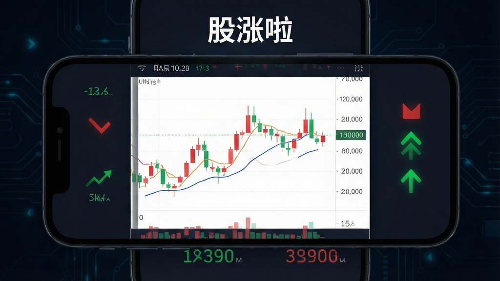 手机屏幕中央显示股票K线图与涨跌数据,界面顶部有“股涨啦”文字标识,背景为深色科技风格,布局简洁清晰,排版上下分层,风格现代金融科技感,细节包含红绿涨跌箭头、分时曲线、数字跳动效果,画质高清,干净,无多余元素