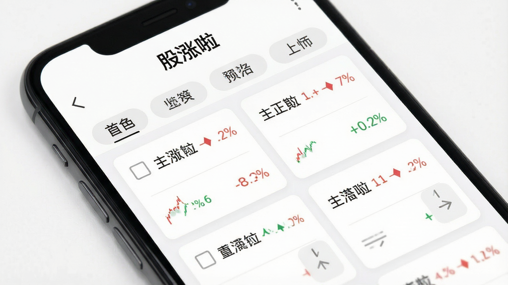 手机屏幕显示自选股管理页面,顶部有“股涨啦”文字标识,布局为分组标签与股票卡片列表,风格清爽简约,细节包含复选框、涨跌颜色标识、拖动排序图标,画质高清,干净,无多余元素