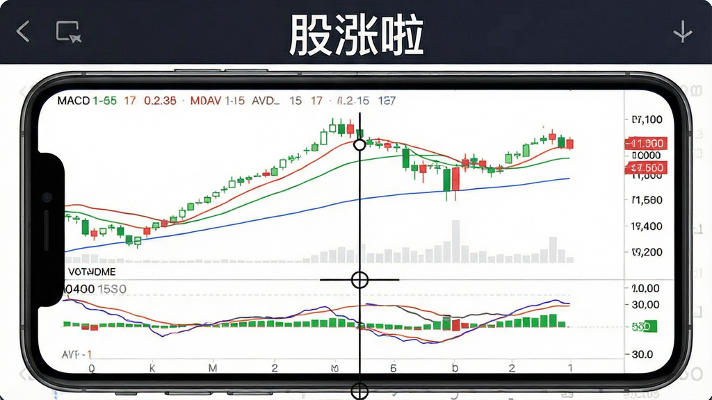 手机屏幕展示股票K线图与技术指标叠加界面,顶部有“股涨啦”文字,布局为上方K线下方成交量,风格专业金融图表,细节包含均线、MACD柱状图、十字光标,画质高清,干净,无多余元素