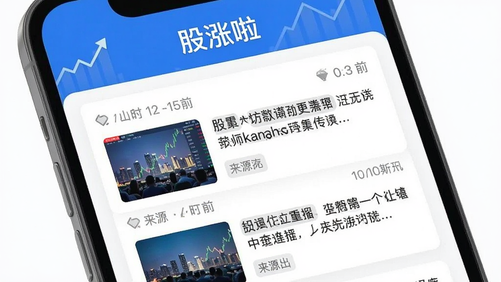 手机界面显示财经资讯信息流列表,顶部有“股涨啦”文字,布局为卡片式新闻摘要,风格资讯阅读类应用,细节包含时间戳、来源标签、缩略图,画质清晰,干净,无多余元素