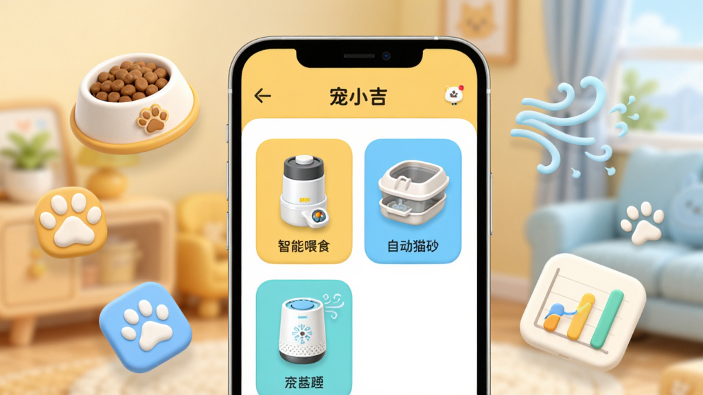 画面中央展示一部智能手机,手机屏幕显示“宠小吉”APP的设备管理主界面,界面中有智能喂食器、自动猫砂盆、空气净化器的卡通图标卡片;手机周围以环绕布局漂浮着猫粮碗、猫爪印、空气净化波纹、数据曲线等元素;整体采用温馨明亮的居家风格,暖黄色与浅蓝色搭配;细节上手机边缘有柔和阴影,图标带有微立体质感;画质清晰干净,无多余杂乱元素,适合软件下载站展示