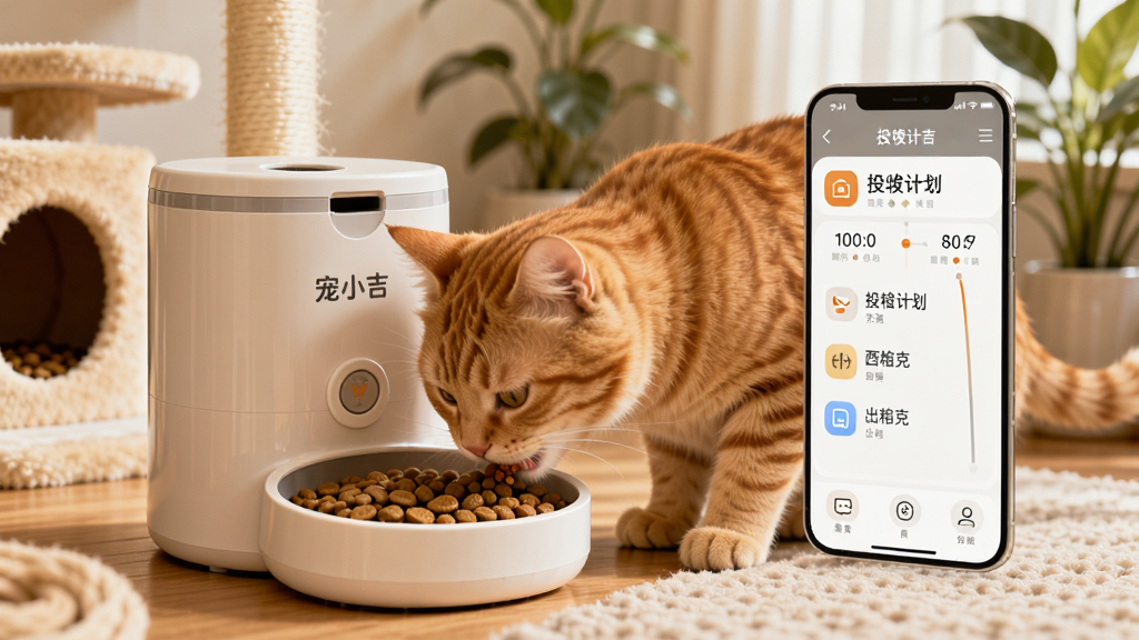画面展示一只橘猫正低头从“宠小吉”智能喂食器中吃粮,喂食器机身印有“宠小吉”字样;背景是温馨的客厅一角,有猫爬架和绿植;画面右侧悬浮一个半透明的手机界面,显示投喂计划时间轴和出粮克数;整体风格写实偏暖,光线柔和;细节上猫粮颗粒清晰可见,手机界面图标精致;画质高清干净,无多余杂物