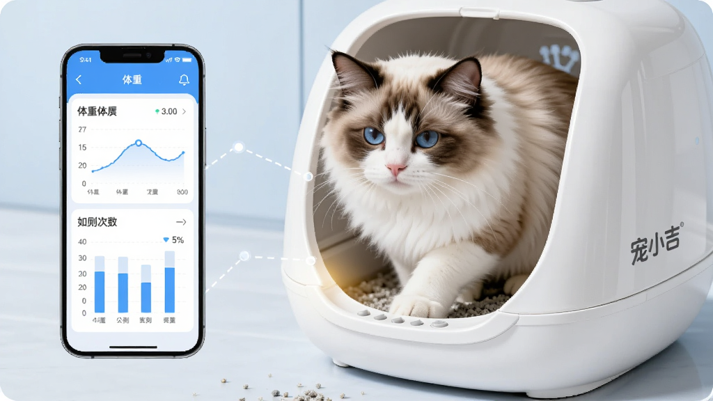 特写一只布偶猫从“宠小吉”自动猫砂盆中走出来,猫砂盆外观圆润洁白,侧面有“宠小吉”品牌标识;画面左侧以信息图形式展示手机屏幕上的数据面板,包含体重曲线、如厕次数柱状图;整体风格干净清爽,蓝白配色;细节上猫砂盆入口处有柔光,数据图表清晰;画质明亮无噪点,无多余装饰
