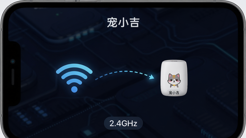 画面以手机屏幕录制风格呈现“宠小吉”APP的配网引导页面,页面中央有WiFi图标与设备图标通过动态虚线连接;背景为深色科技感渐变;画面下方有“2.4GHz”字样标签;整体布局简洁聚焦,风格现代;细节上WiFi信号波纹清晰,设备图标带有“宠小吉”小字;画质锐利干净,无多余干扰元素
