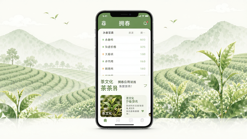 拥春应用主界面展示,整体采用清新茶绿色调,画面中央是一部智能手机,屏幕内呈现永春茶叶价格表列表与茶文化资讯卡片,背景为淡雅的茶园插画,风格简约商务,细节精致,画质干净清晰,无多余元素