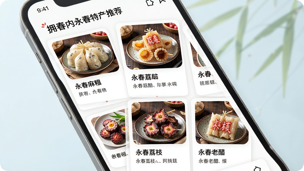 拥春应用内永春特产推荐页面,手机屏幕展示永春麻、永春荔枝、永春老醋等特产卡片式列表,每张卡片配有精美实物小图与简短说明,整体排版整齐,风格清新浅色,画质细腻干净