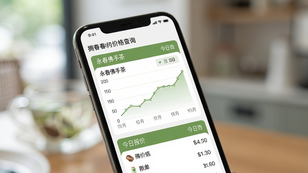 拥春应用内价格查询功能特写,手机屏幕显示永春佛手茶价格走势图与今日报价清单,界面配色以白色和茶绿色为主,图表清晰直观,背景虚化处理,风格现代简约,画质干净无杂物